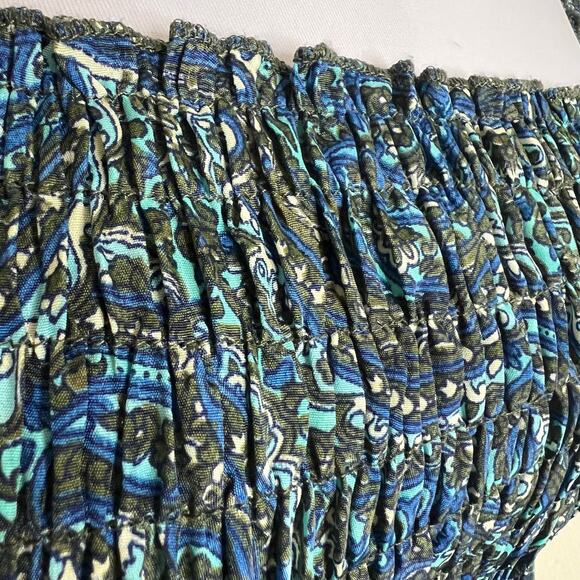 OPC Dress XS/S Womens Paisley Blue Bell Sleeve Smocked Pleated Boho A-Line Green - Picture 6 of 9